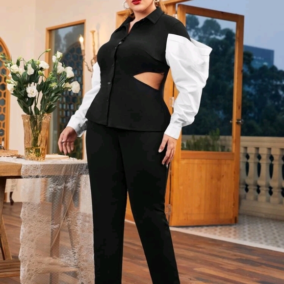 Contrast Sleeve Button down Cutout Top & Pants Set - Picture 2 of 3